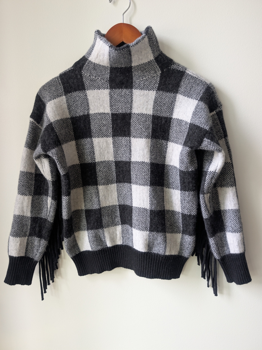 LAUREN Ralph Lauren Wool Blend Plaid Fringe Sweater Mock Neck XS Black White